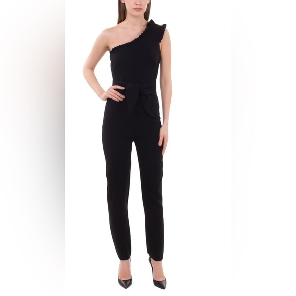 Saloni jumpsuit size 4 black one shoulder crepe front tie evening wear​​​​​ - Picture 11 of 11